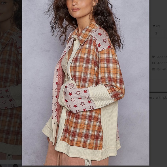 POL Mixed Plaid & Star Patchwork Shacket in Orange, Cream & Red - Picture 2 of 5